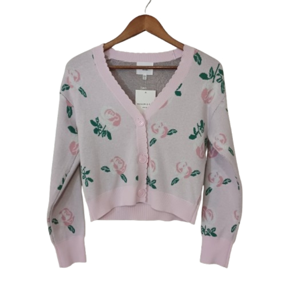 Willow & Wind Pink Floral Rose Print Cardigan Sweater Button Front Top Size XS